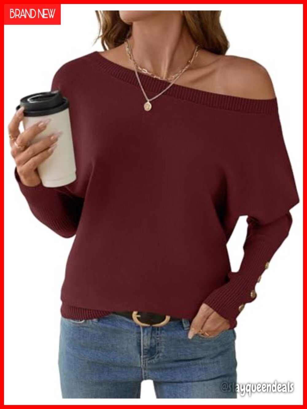 Womens Off Shoulder Sweater Batwing Sleeve Knit Long Pullover